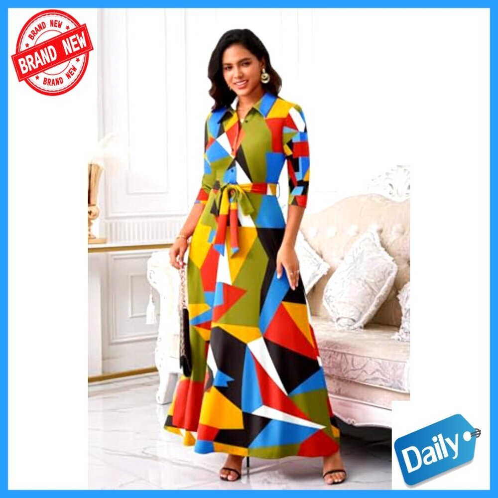 Floral Print Maxi Dress 3/4 Sleeve Button Down Elegant Office Church Wear - Picture 4 of 7